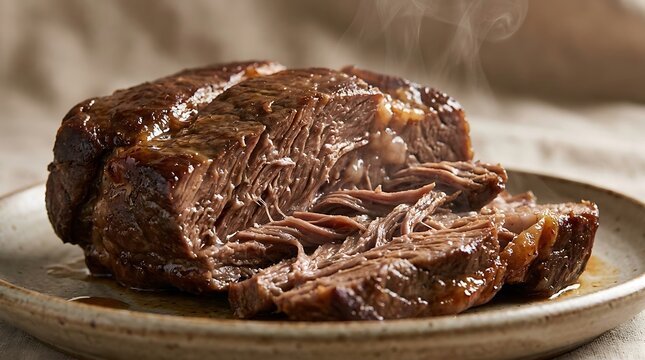 A succulent and tender boneless chuck roast served on a rustic plate, perfectly slow cooked to fall-apart perfection for a delicious home-cooked dinner meal