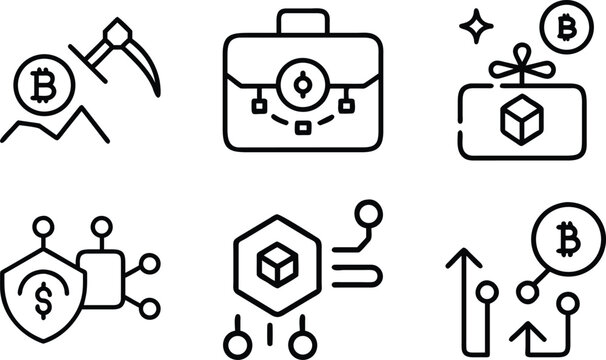 Set of bitcoin and blockchain line icons showcasing crypto mining briefcase gift box and digital transaction networks for financial technology services.