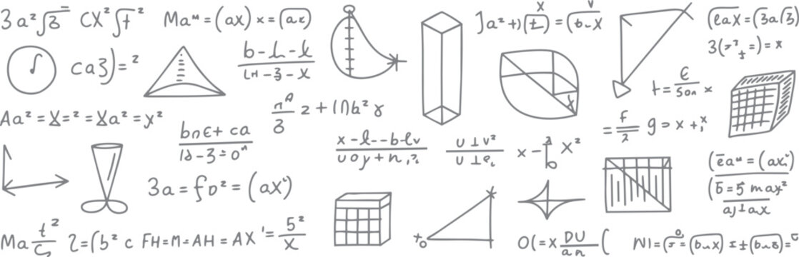 Hand drawn mathematical equations and geometric shapes on a white background mathematics formula geometry