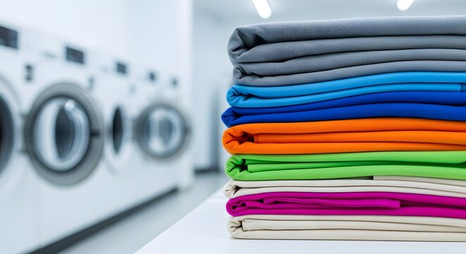 Colorful folded laundry stack in laundry room