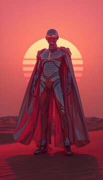 robotic tyrant wearing a red cape, standing vigorously in the desert