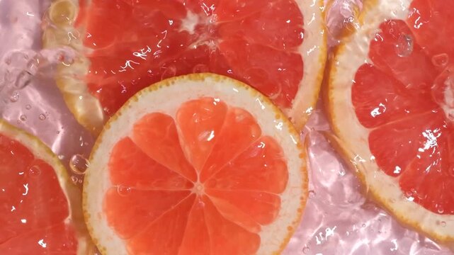 Slow motion shot of fresh grapefruit slices dropping into clean water with splash