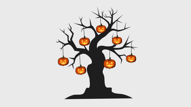Spooky Halloween Seamless Loop Tree with Hanging Jack O Lantern Pumpkins Isolated on Transparent Background