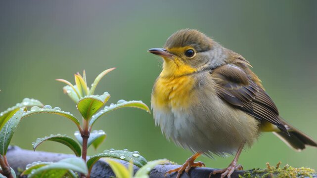 Small yellow breasted warbler perched on wet mossy branch. 4K Video