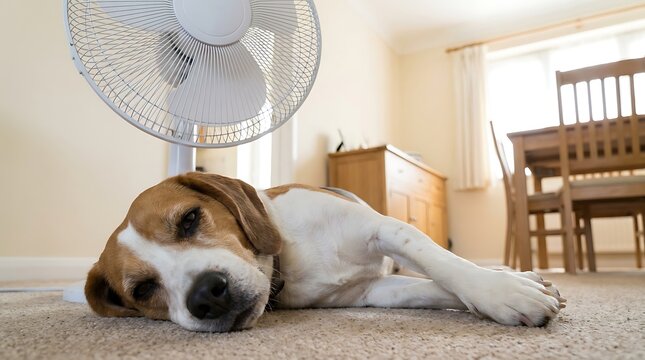 Dog resting on carpet near electric fan cooling down during hot weather summer day indoors home interior comfort relief from heat.