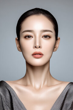 Elegant East Asian woman with oval face, smooth skin, high cheekbones, natural makeup, and sleek hairstyle, confident and serene expression