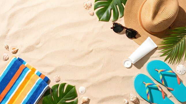 Overhead view of beach travel essentials with a colorful striped towel, blue flip flops, sunglasses, sunscreen cream, and straw hat on clean sand background.