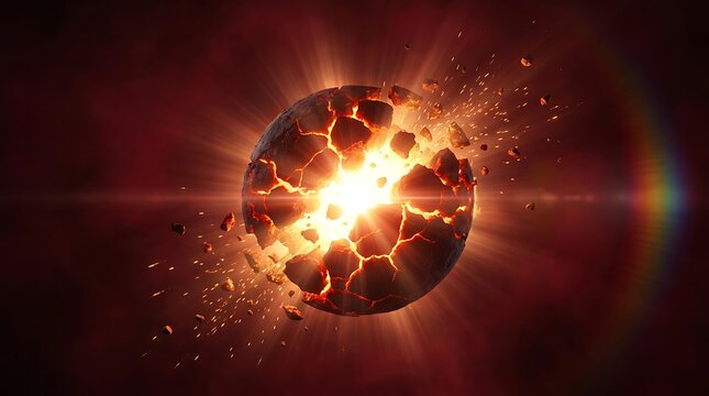 Exploding planet in deep space with glowing core and rocky debris flying into void representing cosmic catastrophe or planetary destruction during galactic event in stellar nebulae.