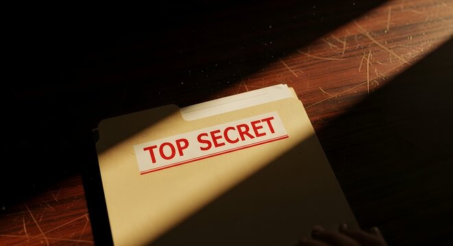 Top secret folder held by hand on wooden surface