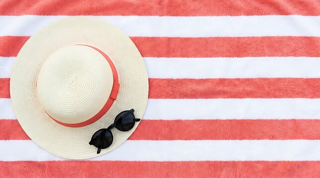 Top view of straw sun hat and black sunglasses resting on striped beach towel, vacation and summer accessories for relaxation and sun protection.