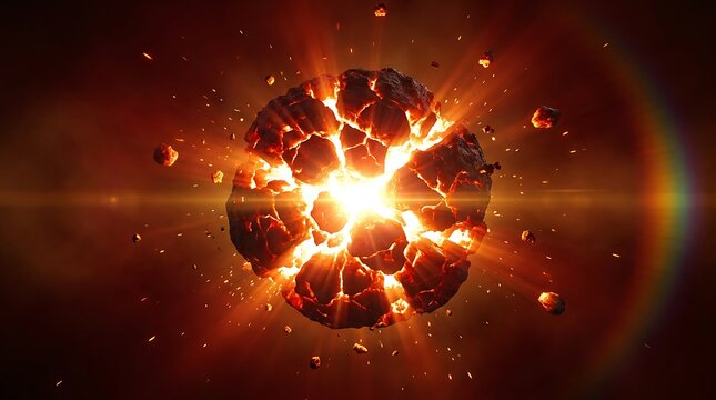 Incredible massive asteroid exploding in deep dark outer space with glowing fire embers rocks and burning debris scattered across dark cosmos background showing dramatic cosmic impact.