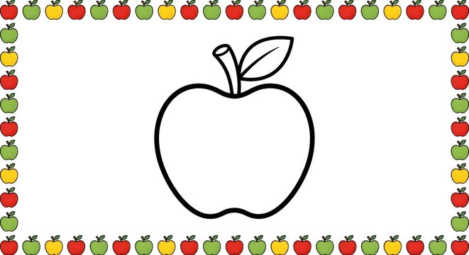 Cute apple coloring page with a large black and white apple outline in the center and a colorful seamless apple border. Printable educational worksheet for kids, preschool, and kindergarten.