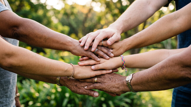 Diverse group of people stacking hands together outdoors in nature symbolizing unity teamwork collaboration with close up view diverse hands stacked together circle outdoors