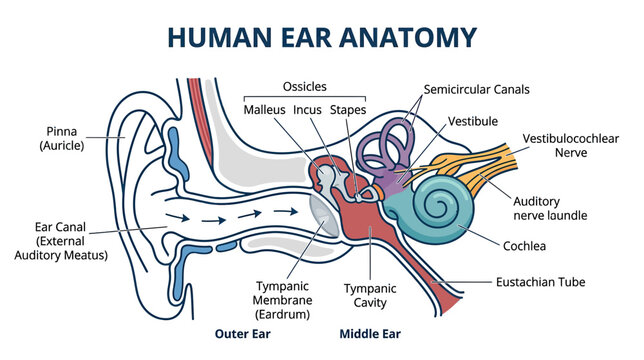 Human Ear Anatomy Diagram: Outer, Middle, and Inner Ear Structure