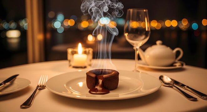 Elegant chocolate dessert served in a fine restaurant. Gourmet treat with warm ambiance and sophisticated presentation. Dessert lover enjoying a lu...