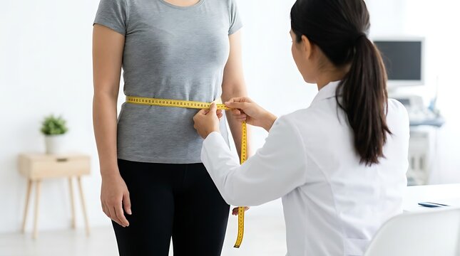 Doctor measures patients waist with measuring tape in clinic for health assessment weight control and body composition analysis during medical appointment examination.
