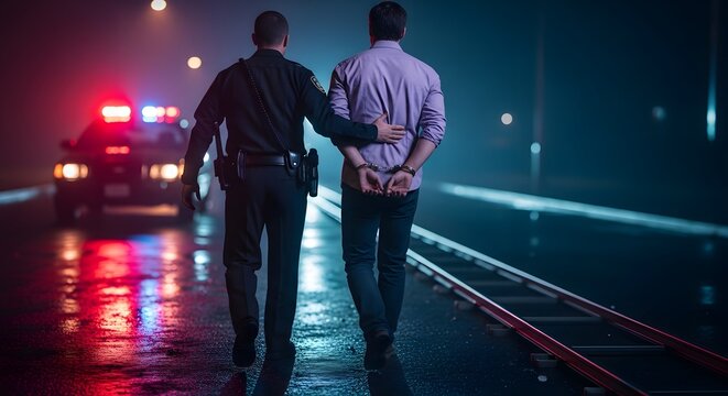 Police officer escorting handcuffed suspect at night