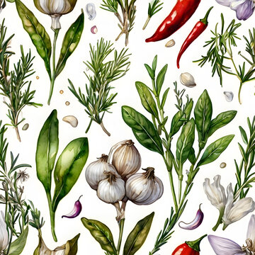 Seamless pattern fresh kitchen herbs rosemary sprigs basil leaves garlic and chili peppers delicate watercolor washes clean white background organic food