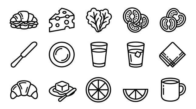Breakfast Food Icons: Croissant, Sandwich, Cheese, Salad, Tomato, Drink, Coffee Cup