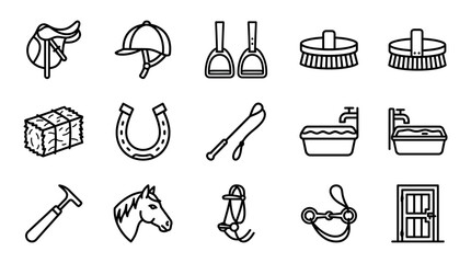 Equestrian Equipment Icons: Saddle, Helmet, Horseshoe, Bridle, Brush, Hay Bale © Akun