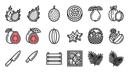 Exotic Fruits Collection: Dragon Fruit, Passion Fruit, Guava, Starfruit, Pineapple, Banana, Knife, Basket © Ihik