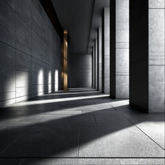 Obraz premium Modern corridor with tall concrete columns, dramatic sunlight, geometric shadows, minimalist architecture, and sleek golden accent wall