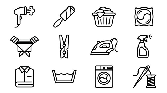 Laundry and Cleaning Icons: Iron, Washing Machine, Clothes Hanger, Spray Bottle, Lint Roller