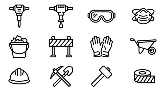 Construction Tools and Safety Gear Icons Set