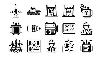Energy Industry Icons: Wind Turbine, Ship, Transformer, Grid, Technician, Cable © Akun