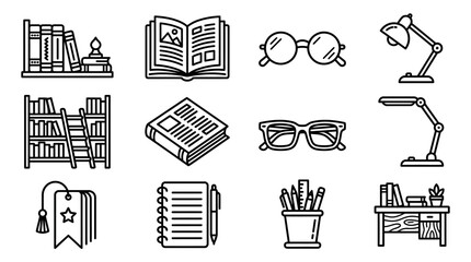 Study & Reading Icons: Books, Glasses, Desk Lamp, Notebook, Desk, Bookshelf © Ihik