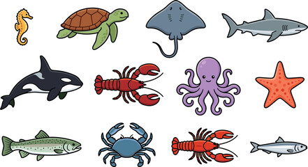 Cute Cartoon Sea Animal Vector Icon Set with Killer Whale, Shark, Octopus, Sea Turtle, Lobster, Crab, Stingray, and Diverse Marine Life Elements © MstRakha