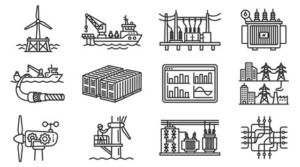 Renewable Energy and Power Grid Icons: Wind Turbine, Substation, Transformer, Ship © Ihik