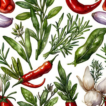 Seamless pattern fresh kitchen herbs rosemary sprigs basil leaves garlic and chili peppers delicate watercolor washes clean white background organic food