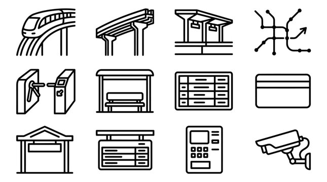 Public Transport Icons: Train, Station, Ticket Gate, Map, Security Camera