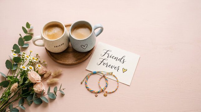 Two coffee mugs labeled friend with bracelets and flowers on pink background with cups cappuccino friendship day cup cappuccino best friend with copy space