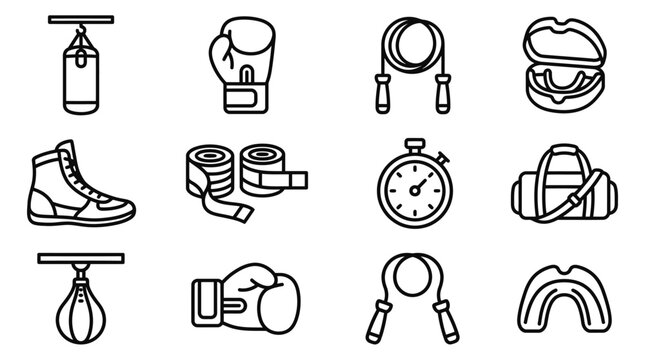 Boxing Equipment Icons Set: Punching Bag, Gloves, Jump Rope, Mouthguard, Boots, Stopwatch, Duffle Bag