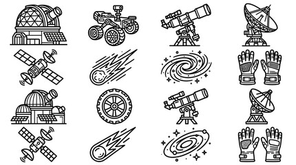 Space Exploration Icons: Telescope, Rover, Satellite, Astronaut Gloves, Galaxy, Comet © Ihik