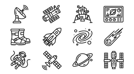 Space Icons Set: Rocket, Astronaut, Satellite, Planet, Spaceship, Moon Lander, Galaxy © Akun