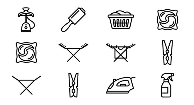 Laundry Icons Set: Steamer, Lint Roller, Basket, Detergent, Drying Rack, Clothespin, Iron, Spray