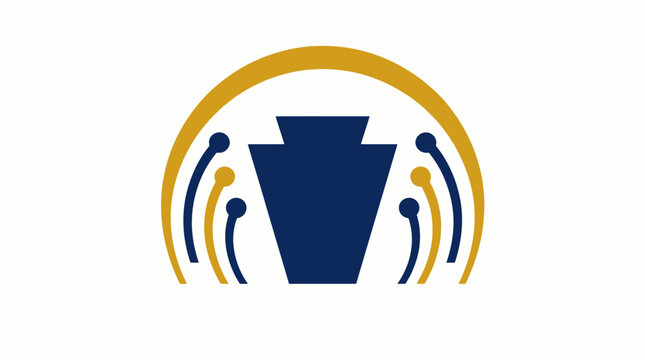 Keystone symbol logo with abstract blue and gold signals.