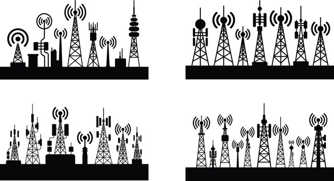 Communication tower and broadcasting antenna array silhouettes with communication, broadcasting