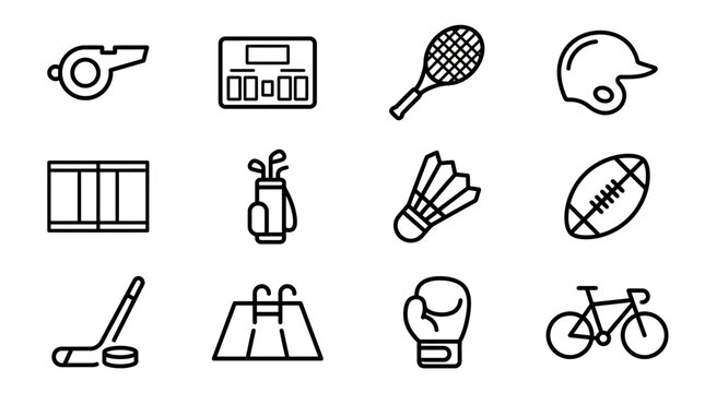 Collection of sport icons: whistle, scoreboard, tennis racket, baseball helmet, golf bag, shuttlecock, football, hockey stick, swimming pool, boxing glove, bicycle.