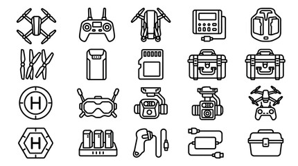 Drone Accessories Icon Set: Quadcopter, Remote, Goggles, Charger, Case, SD Card © Cirt