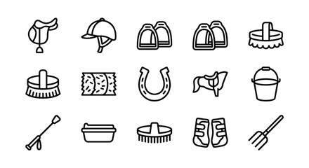 Equestrian Equipment Icons Set: Saddle, Helmet, Stirrups, Brushes, Horseshoe, Bucket © Turok