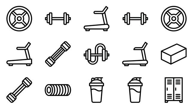 Fitness Icons Set: Dumbbells, Treadmill, Weight Plates, Gym Accessories