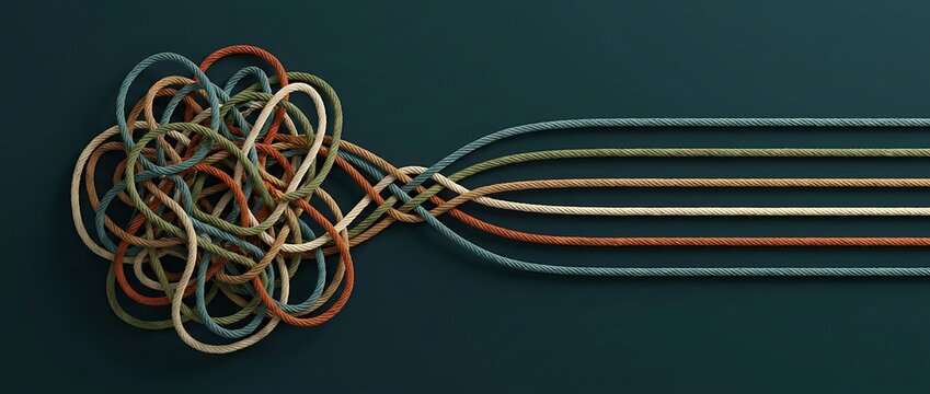Tangled knot of colorful ropes unraveling into straight strands representing complexity to simplicity order from chaos and organized solutions.