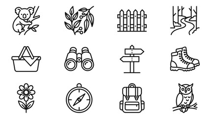 Outdoor Adventure Icons: Koala, Nature, Camping, Hiking, Navigation, Wildlife © Cirt