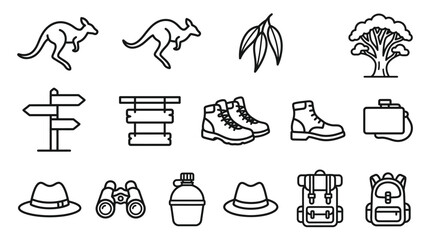 Australian Outback Adventure Icons: Kangaroo, Boots, Hat, Backpack, Binoculars © Cirt