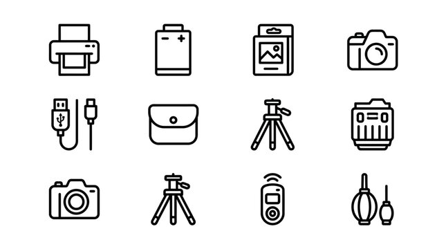 Photography Equipment Icons: Camera, Tripod, Battery, USB, Lens, Printer, Bag, Remote
