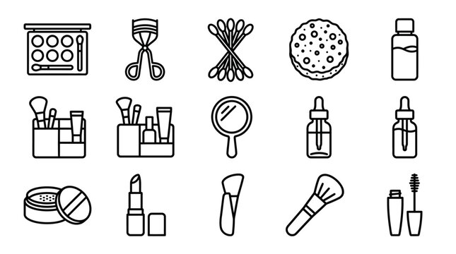 Beauty makeup icons set: eyeshadow, curler, cotton swabs, sponge, serum, brushes, lipstick, mascara